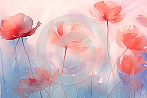 Poppy flowers watercolor painting in pastel color. Generative AI image