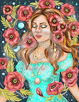 Poppy flowers woman portrait, Beautiful female, Meditation in Univerce