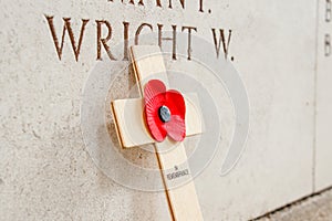 A Poppy at the menin gate in Ypres Flander Belgium photo