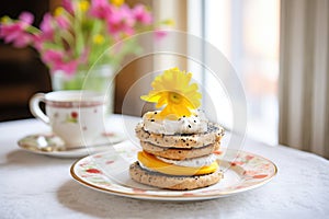 poppy seed bagel with cream cheese on a glass plate