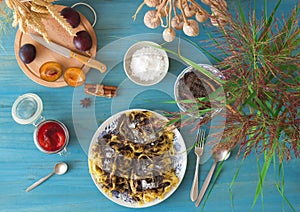 Poppy seed noodles and plum compote, Czech traditional dessert