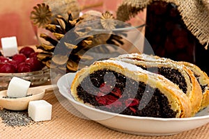 Poppy seed strudel with cherry