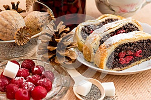 Poppy seed strudel with cherry