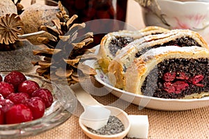 Poppy seed strudel with cherry