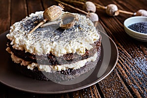 Poppy seeds cake with mascarpone and whipped cream