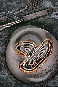 Poppy Seeds Strudel Roll Pie Slices on Rustic Plate