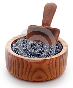 Poppy seeds with wooden scoop and bowl