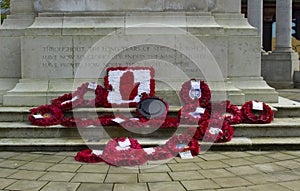 Poppy Wreaths at the cenotaph at Belfast`s City Hall just after the commemoration of the Battle of Passchendaele in France