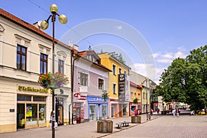 Poprad, Slovakia - Panoramic view of the Poprad city center and St. Egidius square - Namestie svateho Egidia - in summer