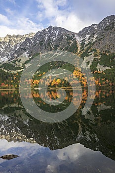 Popradske Pleso beautiful mountain lake in Slovakia in autumn