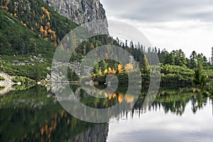 Popradske Pleso beautiful mountain lake in Slovakia in autumn