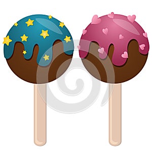 Pops cake on a stick with pink and blue icing in chocolate with sprinkling, vector set of elements