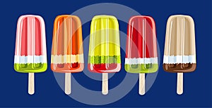 Popsicle ice cream, fruit ice lolly set. Colorful popsicle ice cream. Sweet summer dessert. detailed fruit ice lollies