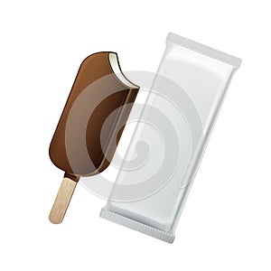 Popsicle Lollipop Ice Cream in Chocolate Glaze on Stick with White Plastic Foil Wrapper Isolated on White Background