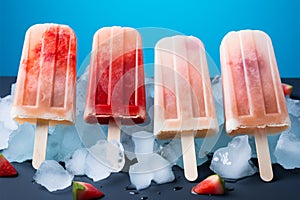 Popsicles and ice cubes arranged on a blue background from above