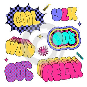 Popular 90s words retro lettering sticker set in vivid intage vibe style. Hand drawn typography vector illustrations