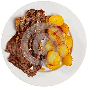 Popular all over the world dish of appetizing fried beef steak, subject with baked potatoes