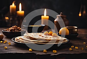 Popular Asian Indian Ramzan special dish i.e. METHA CHILLA or sugared chapati with ghee and all its ingredients which are egg,