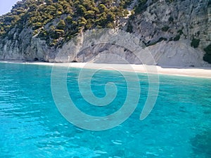 Popular beach of Egremnoi, Lefkada, Greece. View of blue water from sea. photo