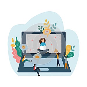 Popular blogger. The girl is blogging. Subscribers like. Vector illustration in a flat style