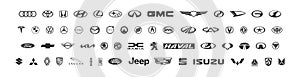 60 popular brands of cars. Set logo of car emblems. Audi, Toyota, Honda, Tesla, BMW, VW, Mercedes, Ford