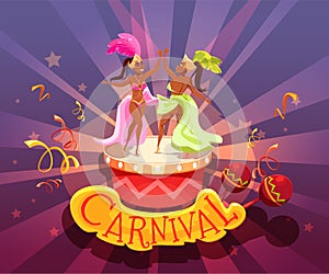 Popular brazil carnival event advertising flat poster. Cartoon people in festive clothes dancing playing musical