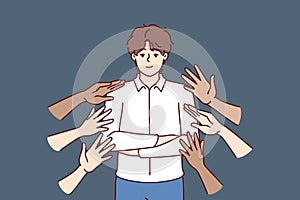 Popular business man beside many hands wanting to touch idol, for concept of corporate training