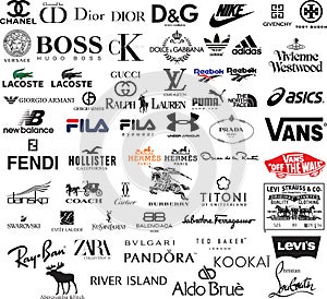 Top clothing brands logos. Set of 50 most popular logo, Vector EPS, 300dpi for printing, cutting, Engraving