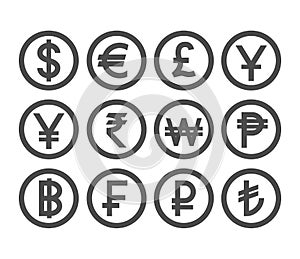 Popular currency coin collection. Countries currencies coins icon set.