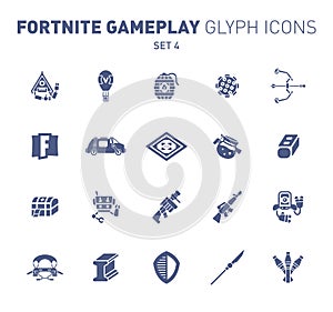 Popular epic game glyph icons. Vector illustration of military facilities. Blast Powder, air balloon, rockets, and other