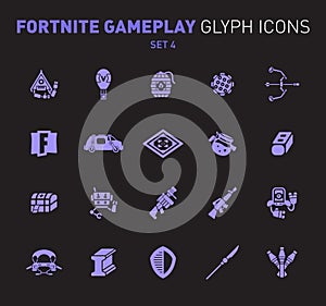 Popular epic game glyph icons. Vector illustration of military facilities. Grenade, machine gun, rifle, and other