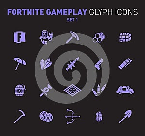 Popular epic game glyph icons. Vector illustration of military facilities. Robot, Slurp Juice, logs, aid kit, and photo