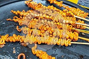 Popular Filipino street food chicken intestines Isaw