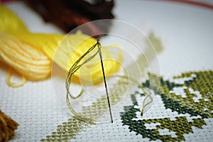 Popular hobby embroidery patterns with threads on canvas handmade horizontal macro