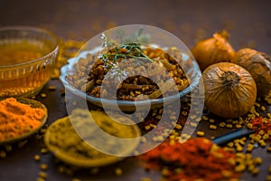 Popular Indian and Asian Methi nu shak made up of fenu greek seeds and onion with spices like coriander powder and  red chili powd