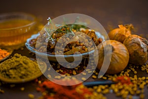 Popular Indian and Asian Methi nu shak made up of fenu greek seeds and onion with spices like coriander powder and  red chili powd