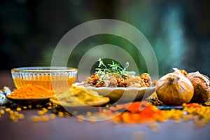 Popular Indian and Asian Methi nu shak made up of fenu greek seeds and onion with spices like coriander powder and  red chili powd