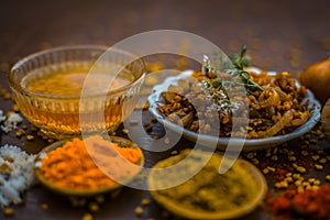 Popular Indian and Asian Methi nu shak made up of fenu greek seeds and onion with spices like coriander powder and  red chili powd photo