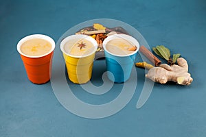 Popular Indian drink  Karak tea or Masala chai. Prepared with the addition of milk, variety of spices. Three colored ceramic