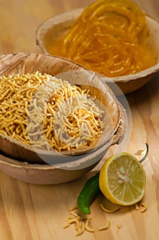 Popular Indian snacks - jalebi and Farsan.