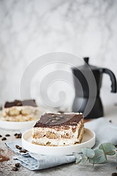 A popular Italian dessert. Tiramissu cake with coffee, cream cheese and sponge cake.