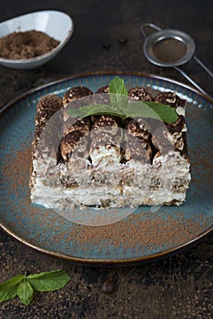 A popular Italian dessert. Tiramissu cake with coffee, cream cheese and sponge cake.