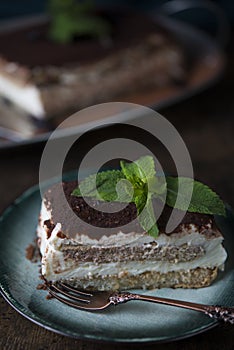 A popular Italian dessert. Tiramissu cake with coffee, cream cheese and sponge cake.