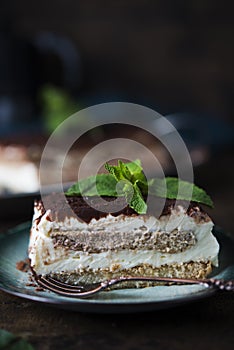 A popular Italian dessert. Tiramissu cake with coffee, cream cheese and sponge cake.