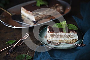 A popular Italian dessert. Tiramissu cake with coffee, cream cheese and sponge cake.