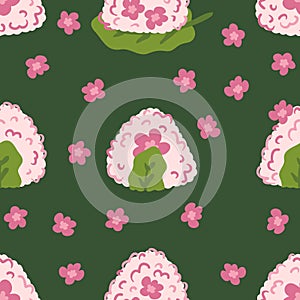 Popular Japanese food sakura flowers onigiri rice ball seamless pattern. Perfect print for paper, textile, fabric, menu and