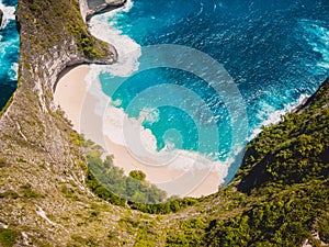 Popular location - Kelingking beach and cliff on Nusa Penida Island. Aerial view