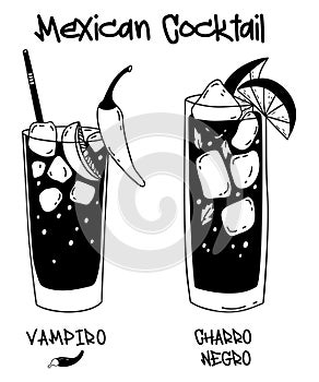 Popular Mexican cocktail Vampiro and Charro Negro. Two glasses with alcoholic Latin American drinks with ice cubes and