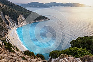 The popular Myrtos beach on the Greek island of Kefalonia