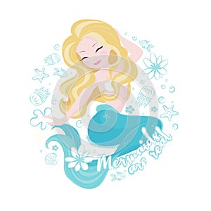 Popular pastel mermaid set. Happy and beautiful mermaid on white background. Print for t shirts or kids fashion artworks, children